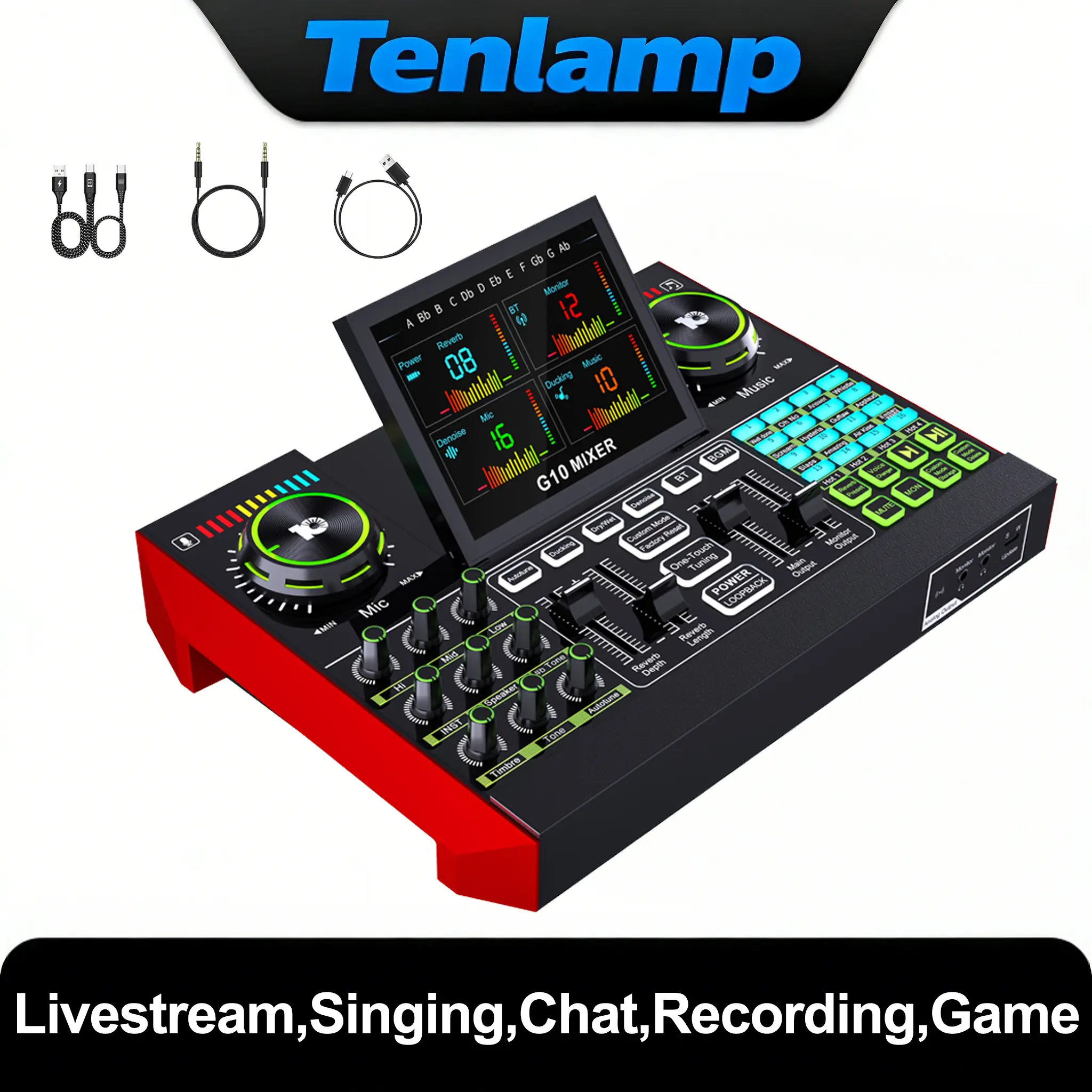 Tenlamp G10 USB Audio Mixer, Podcast Studio Equipment with XLR Microphone Interface, Sound Card Vocal Conversion, DJ Mixer Effects, Professional Recording Gear for Live Gaming & Singing Live Streaming, Compatible with Computers & Smartphones