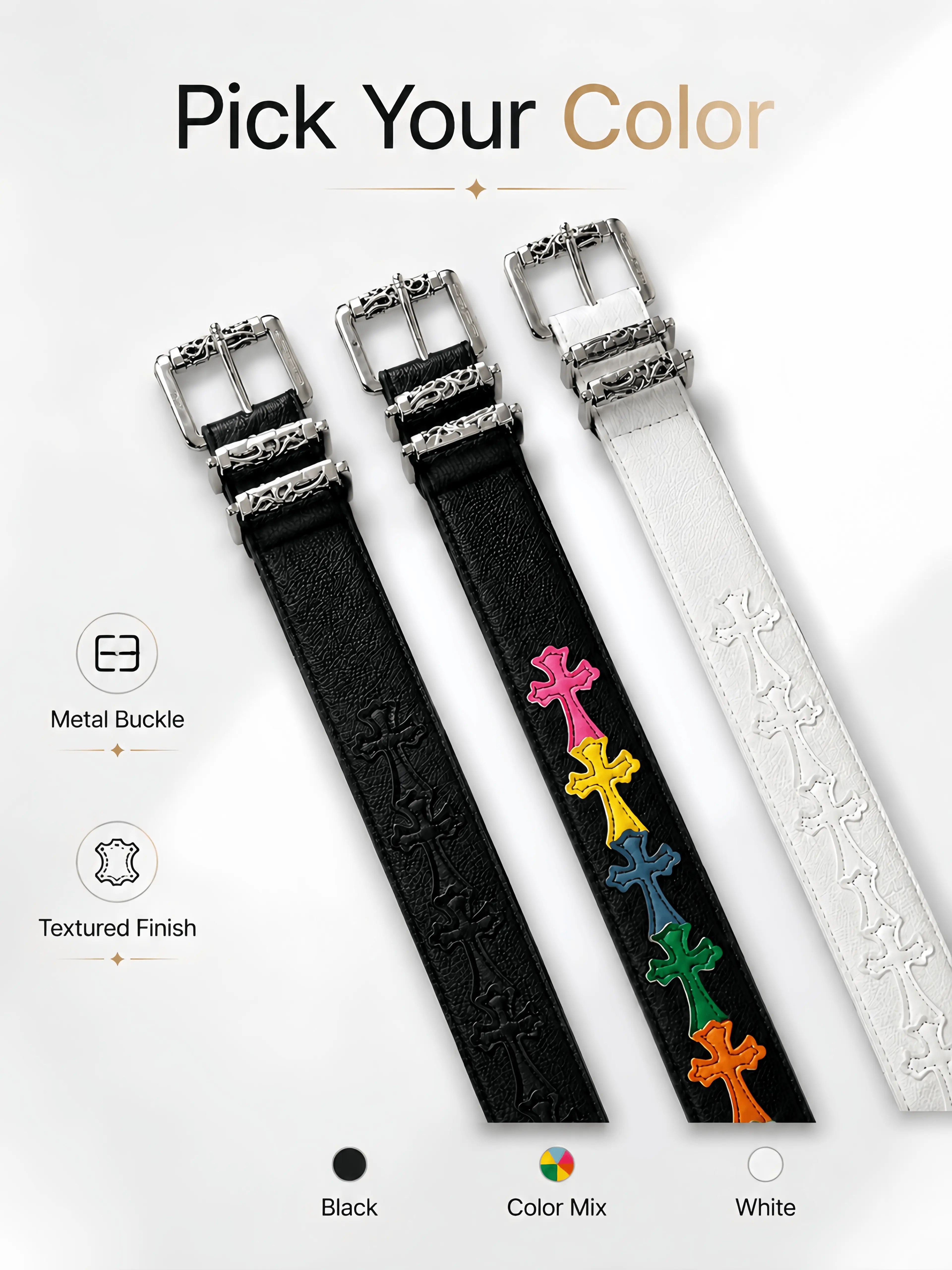 Unisex Pebbled Roller Belt - 110cm Casual Modern Waistband with Colorful Cross Accent, Detailed Metal Buckle, Textured Finish for Retro Street Vibe, Literary Youth Fashion Accessories, Belts