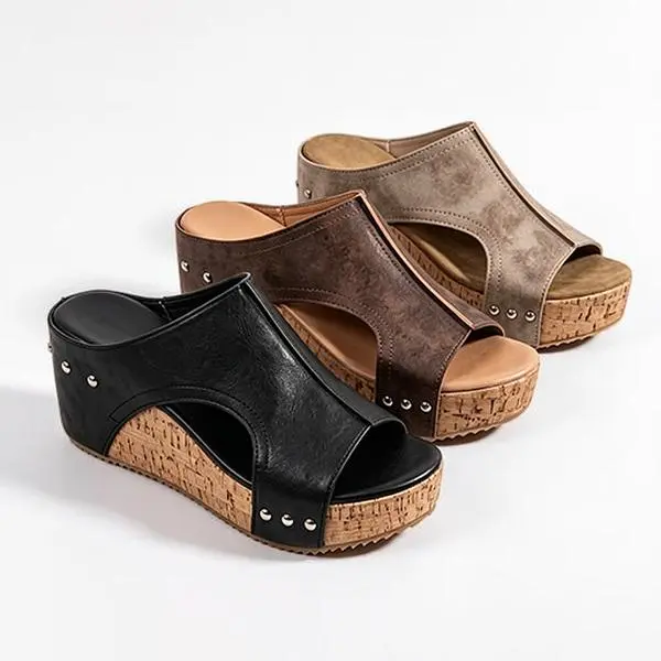 【Best Gift】Women’s Open Toe Wedge Sandals Platform Cork Heel Slip-On Peep Toe Summer Mules Studded Casual Beach Shoes