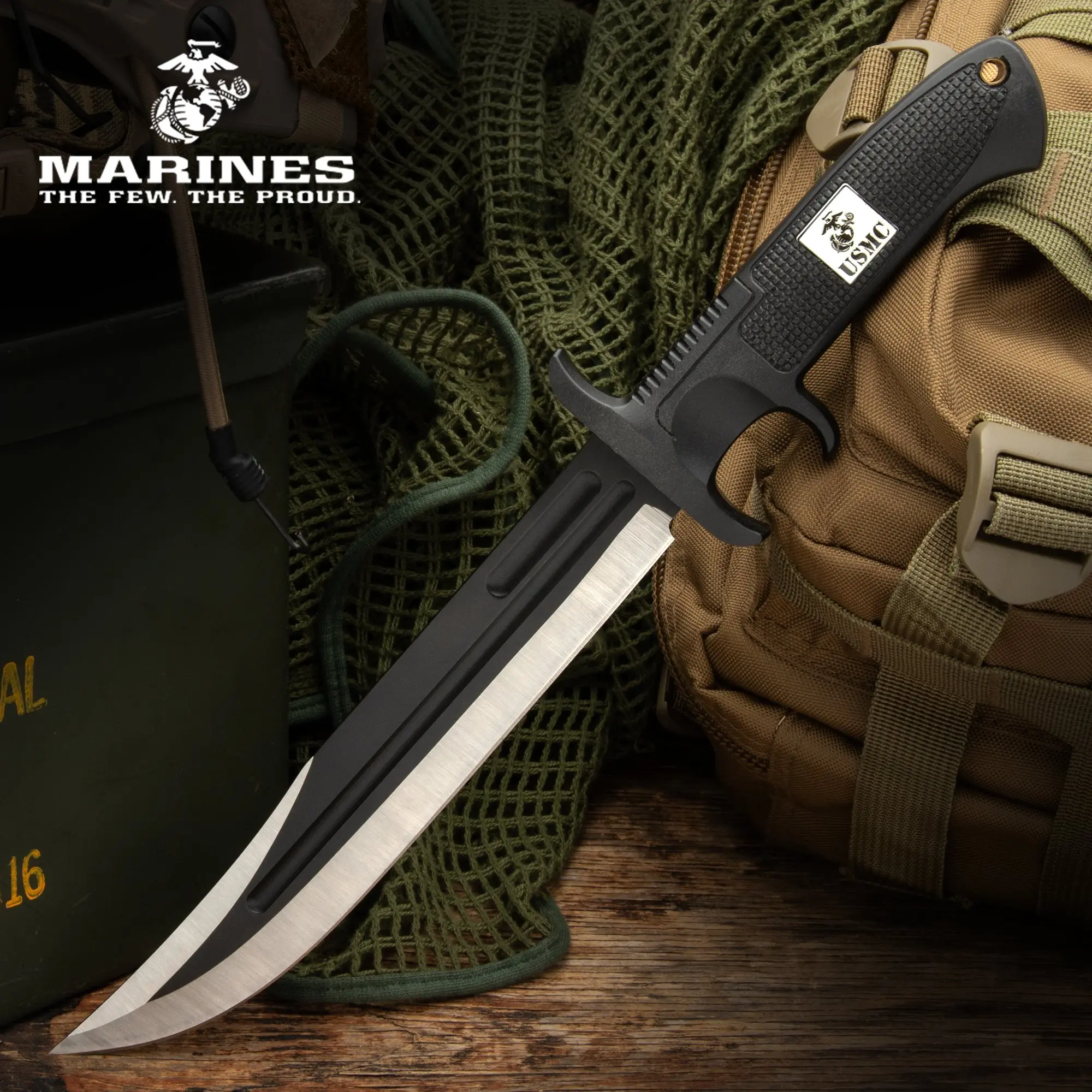 USMC Survivor’s Edge Ultimate Mission Knife - 8.25in Blade, 13.5in Overall Length, Textured ABS Handle with Sub-Hilt, Nylon Sheath, Lanyard Hole, Outdoor Gear Knives