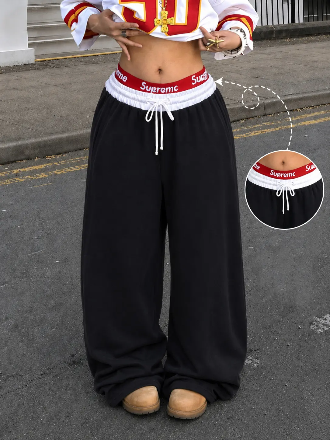 Women's Y2K Contrast Double Waist Sweatpants, Low Rise Loose Fit Micro Flared Track Pants with Drawstring, Baggy Streetwear Trousers, Casual Athletic Lounge Pants for Hip Hop Dance, Travel, Weekend and Everyday Wear, Trendy Urban Fashion Bottoms