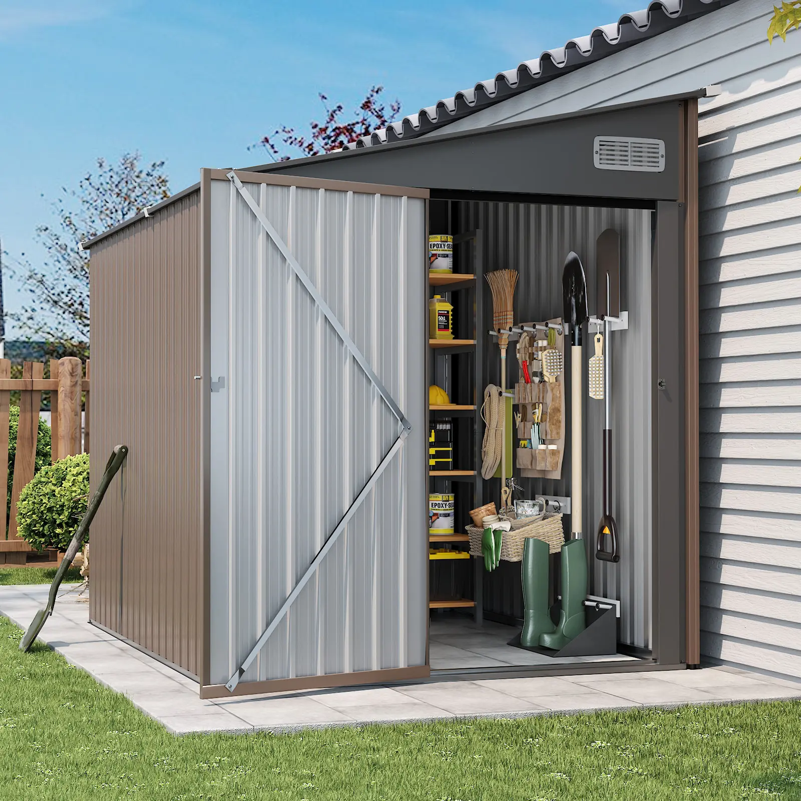 Aoxun 6x4/8x6 FT Steel Metal Lean To Storage Shed, Brown Waterproof Galvanized Unit with Lockable Single Door, Ventilated Roof, All Weather for Backyard Bike & Garden Tools (Patio Use Compatible), Vents, 6X4/7.5X5.3 Ft