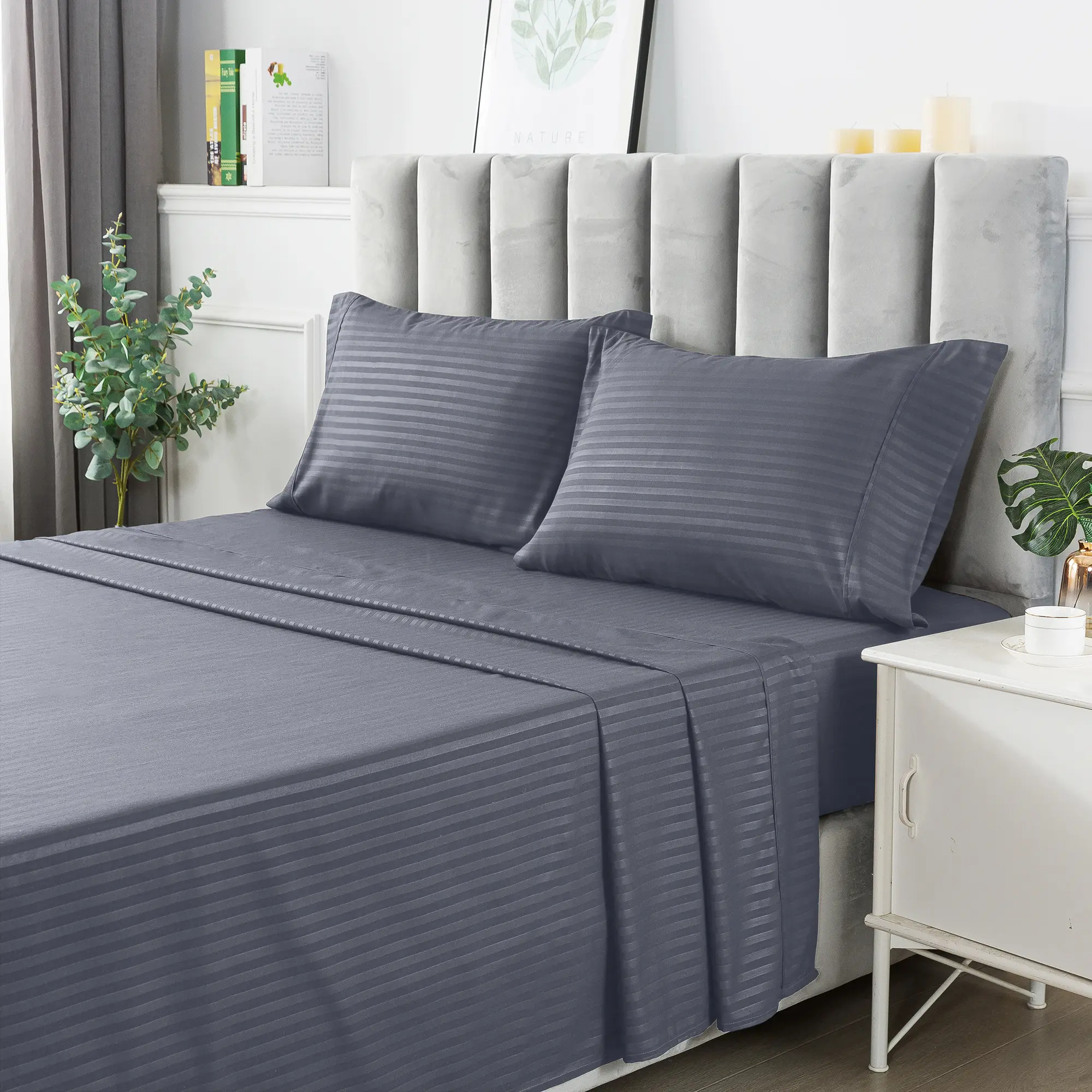 Lux Decor 4 Pc Stripe Pattern Sheet Set- Premium Quality Brushed Soft Fabric Upto 16" Deep Pocket Sheet & Pillowcases - Soft Fabric and Fade Resistant - All-Season Bed Sheet Comfy Breathable & Cooling Hotel Luxury Sheets - Summer Gifts