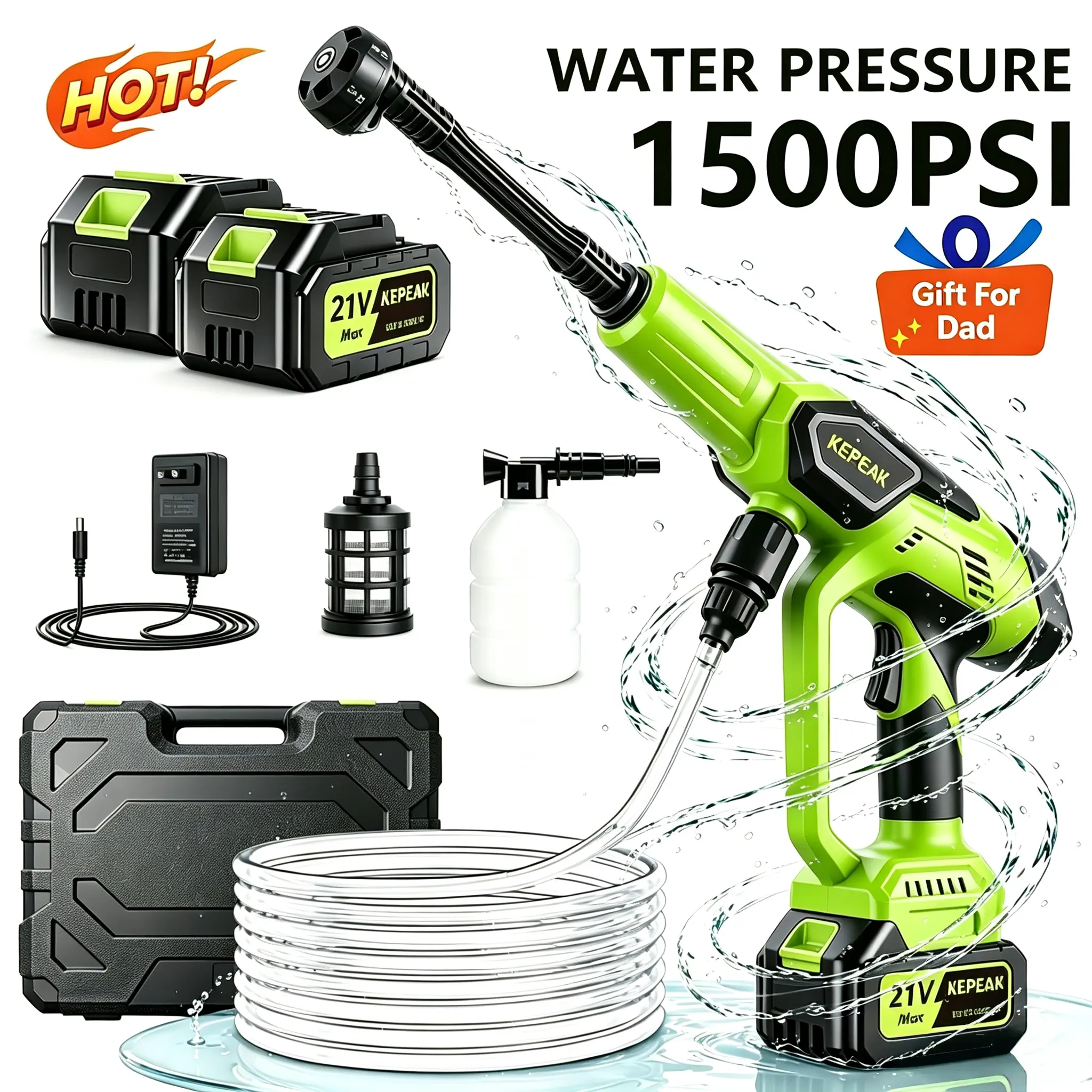 【SUMMER SALE】KEPEAK Cordless Portable Power Washer, 1500PSI 21V 200W Bottle Washer with 13000mAh Dual Batteries, 6-in-1 Multi-Purpose Jetting Nozzle, Foam Bottle, Water Filter, Spray Hose for Car Detailing, Home Garden Cleaning, Spray Hose Pressure Washer