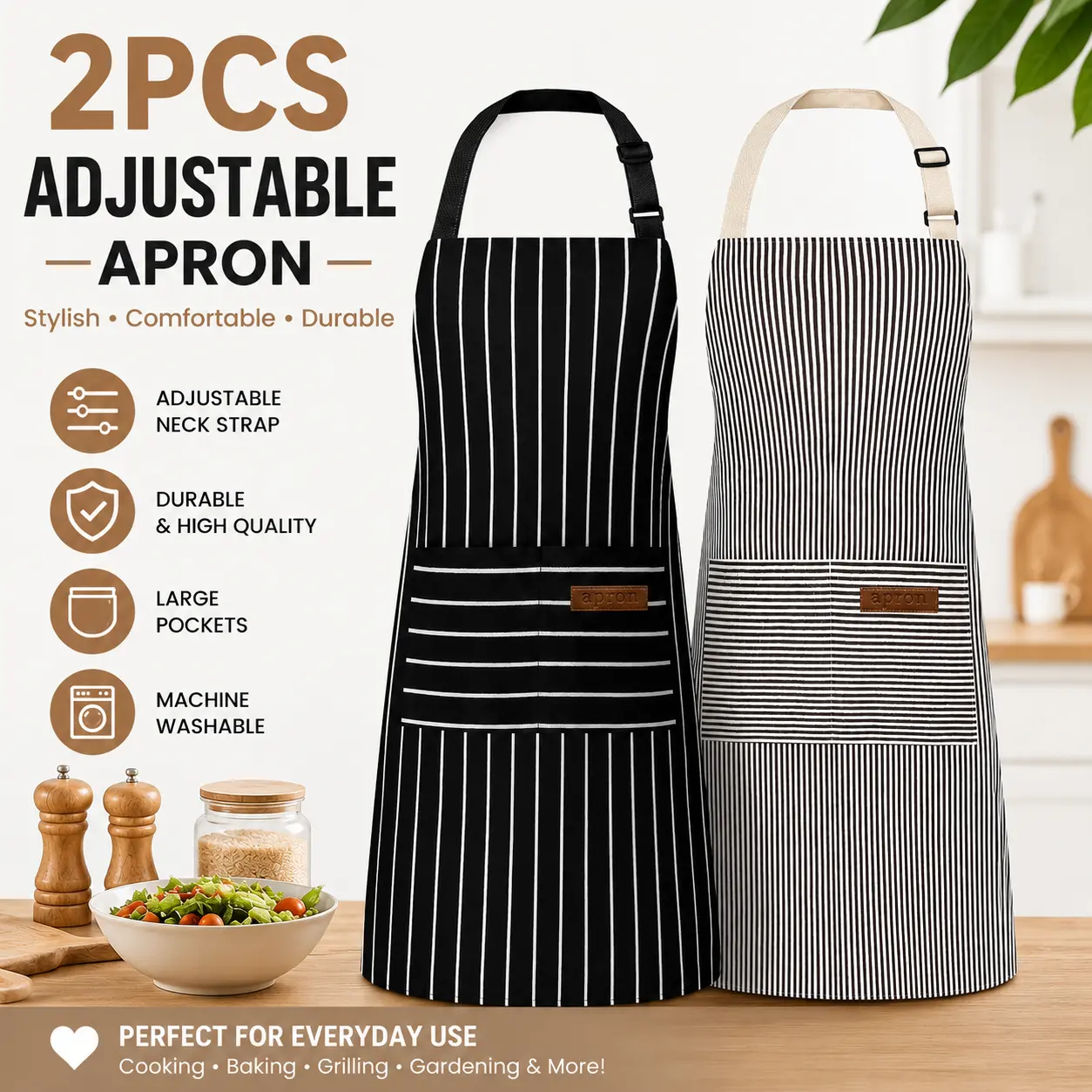 Adjustable Strap Polyester Kitchen Cooking Aprons for Women & Men, 2 PCS Multicolor Chef Aprons with Pockets, Home Supplies Kitchen Accessories