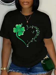 Cotton AllSeason Womens Clover Valentines Heart Print TShirt Machine Washable Casual Round Neck Tee