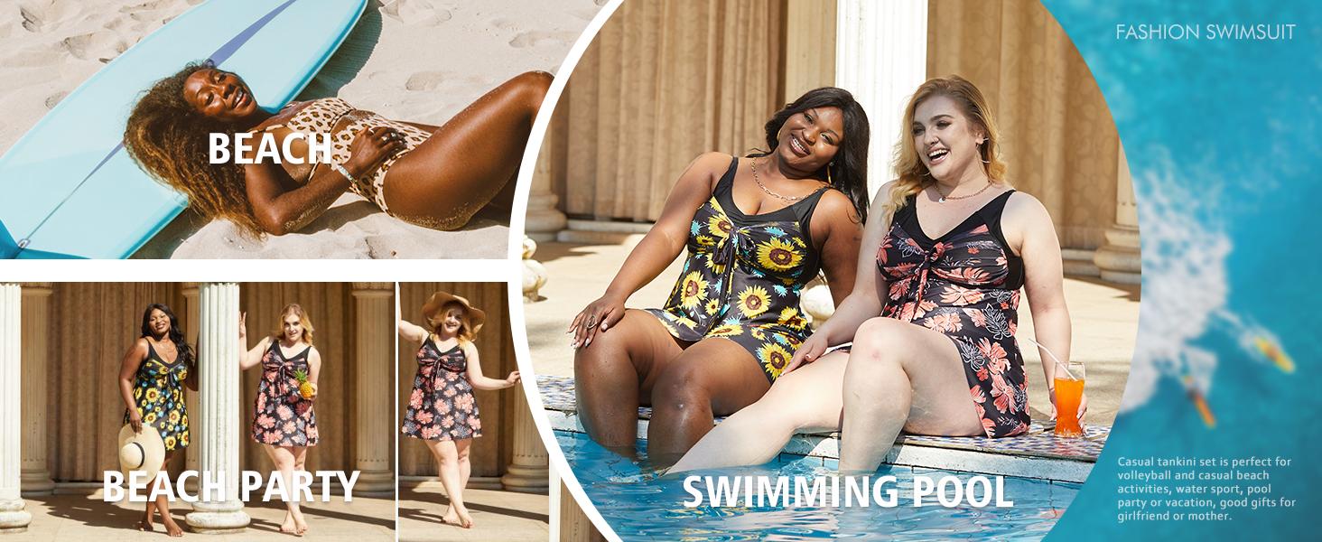 Hanna Nikole Women's Two Piece Swim Dress Plus Size Tummy Control Floral Printed Swimwear Swimsuits with Boyshort Tankinis Set Swimdress Outdoorfun