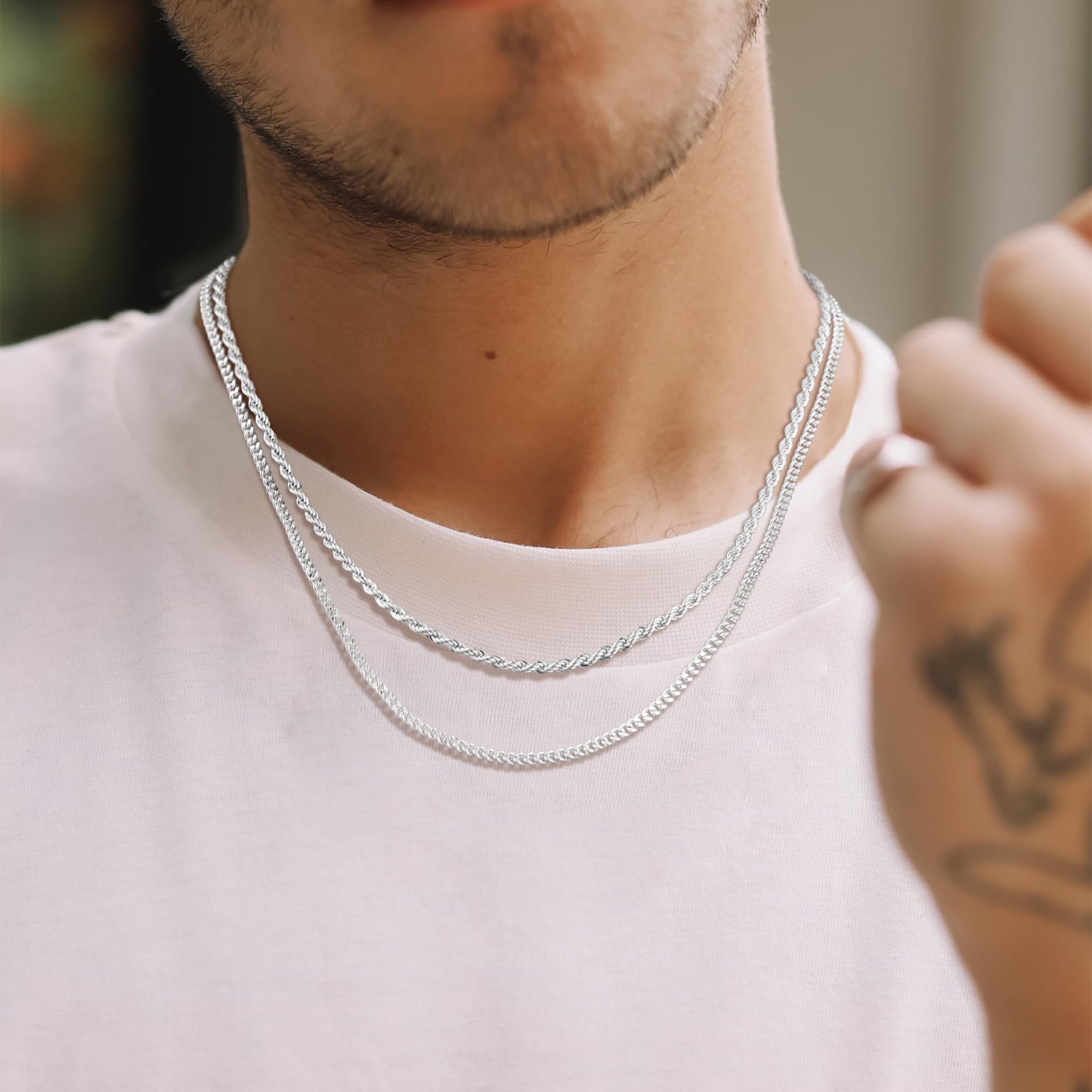 Tewiky Greenish Spring Trendy 2Pcs 3mm Chain Necklace for Men Silver Layered Cuban Link Rope Necklaces Set Simple Jewelry Gift 18-28 Inches Present Jewelry