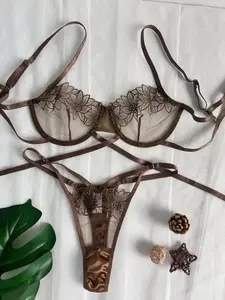 Women's Floral Embroidery Contrast Lace Bra & Sheer Thong Two-piece Set, Adjustable Strap Underwire Bra & Panty Set, Lingerie Set for Women