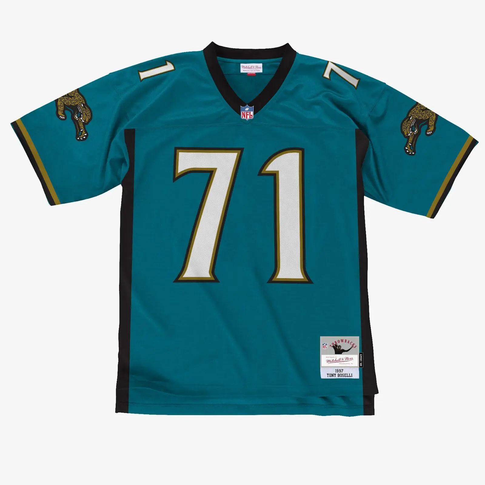Mitchell & Ness Jacksonville Jaguars Tony Boselli 1997 Teal Vintage Legacy Look Player Jersey, Football Fanwear, Multi-Size, Player Number Included