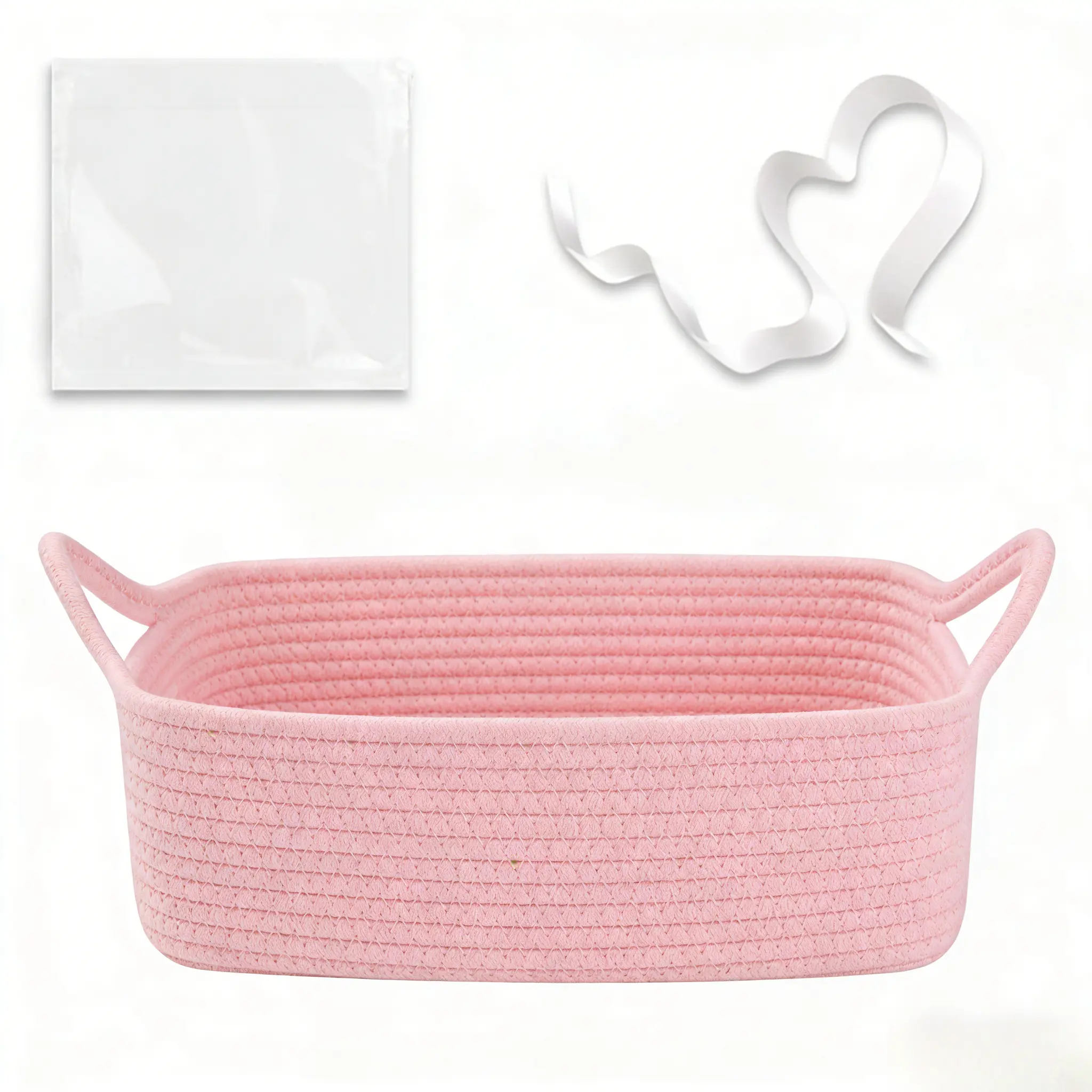 Minimalist Lightweight Pink Cotton Rope Storage Basket Organiser Set with Ribbon & Bag - Premium Baby Shower Gift, Room Decor Bin for Birthday Gifting