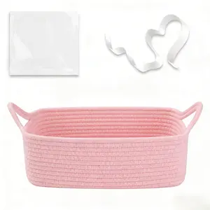 DIY the Perfect Gift, Cotton Rope Gift Basket with Ribbon & Bag , Premium Pink Woven Storage for Baby Shower/Birthday,Aesthetic Pink Woven Basket for Room Decor