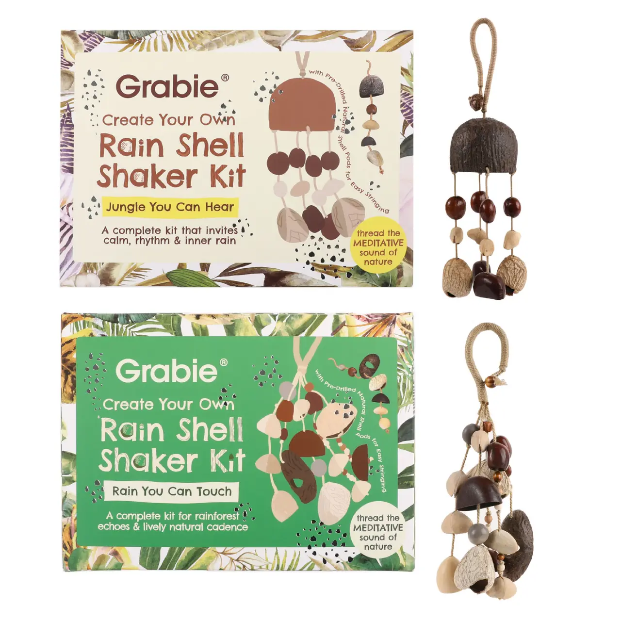 Grabie Handcrafted DIY Rain Shell Shaker Set - Decor Box with Tropical Hanging Ornaments, Jungle You Can Hear Sound Art, Natural Pods, Back to School Class Reward Gift Idea, Bundle Set