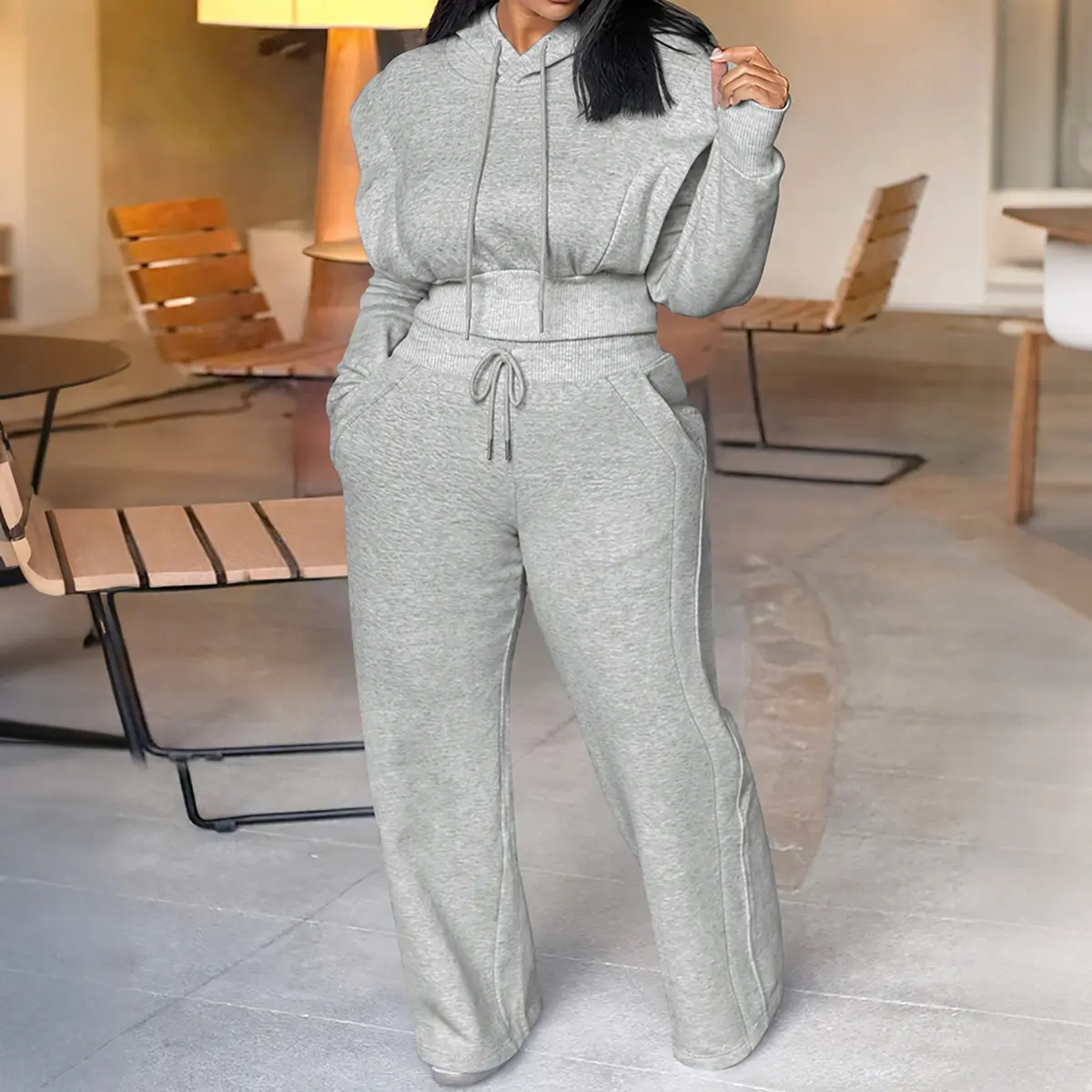 CHICME Hooded Long Sleeve Sweatshirt and Casual Wide Leg Sweatpants Set