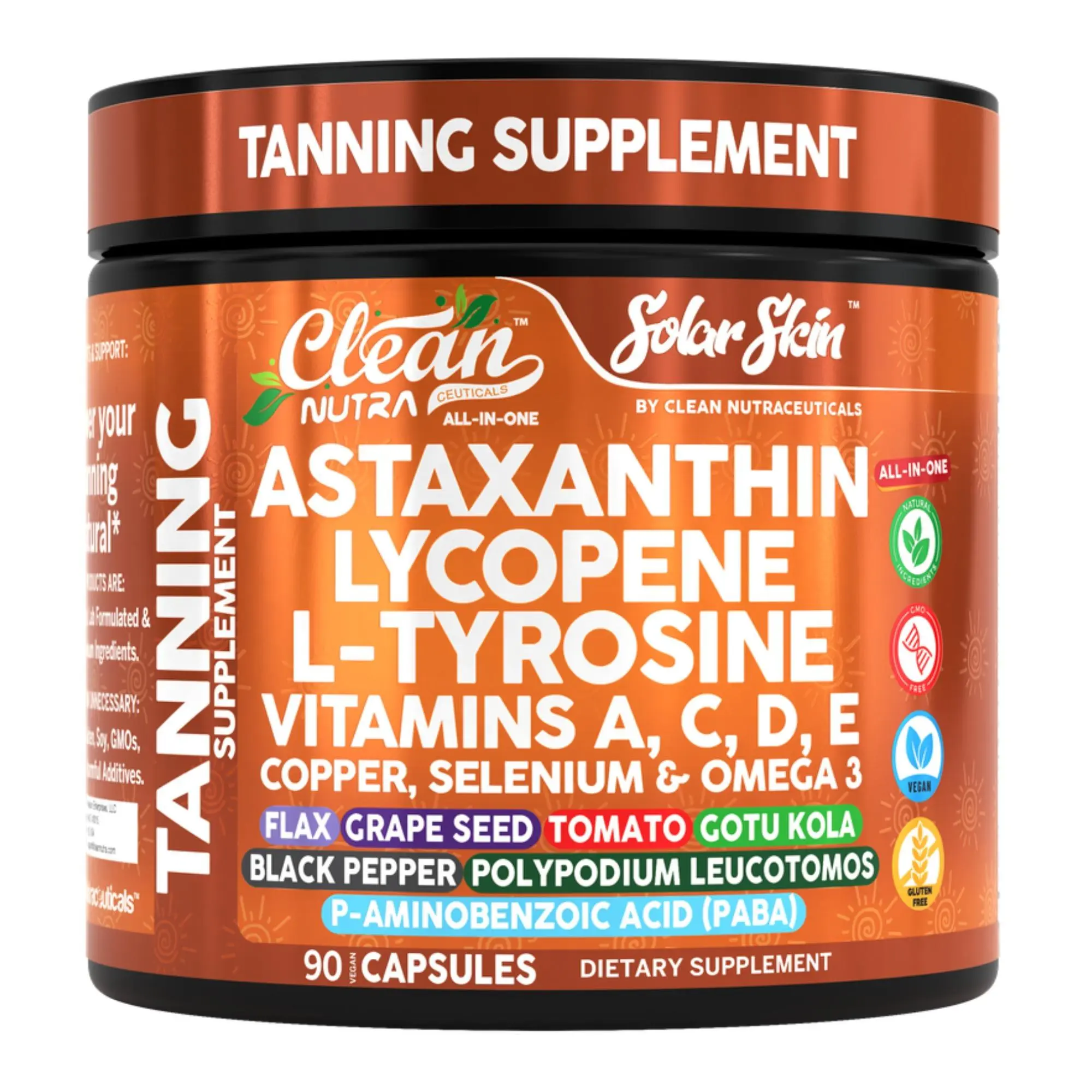 Clean Nutra Tanning Capsules Astaxanthin Lycopene, L-Tyrosine, Vitamins A+C+D+E, Copper, Selenium, Omega 3 and More for Glow, Tanning & Skin Support Supplement – SolarSkin