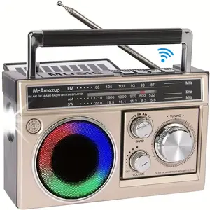 M-Amazup portable AM/FM radio, retro portable radio with Bluetooth speaker and flashlight, strong reception, equipped with colorful ambient lighting, supports TF cards, solar/battery/AC charging, suitable as a gift, for home use, or for coffee shops.