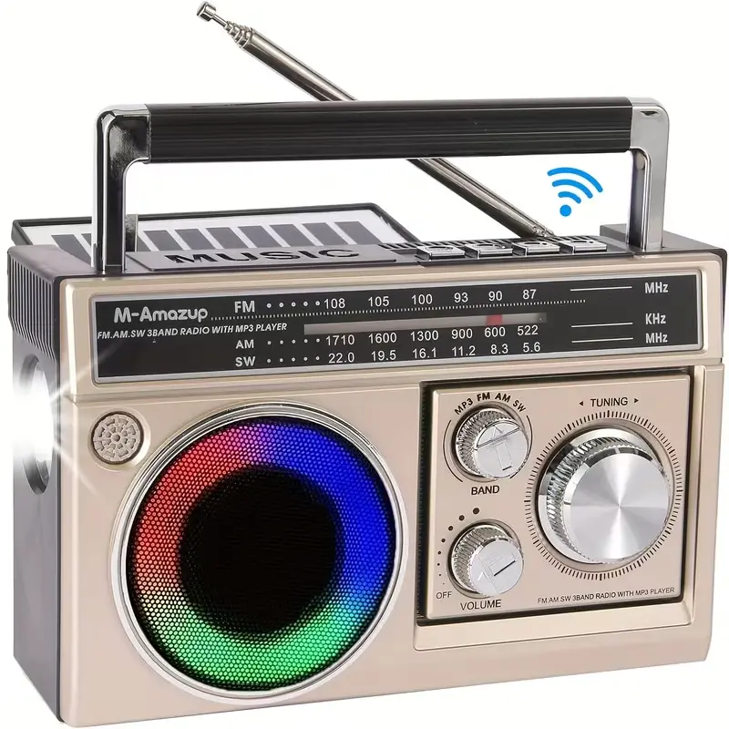 M-Amazup multifunctional portable radio with Bluetooth 5.1 speaker, AM/FM/SW shortwave reception, rechargeable solar charging, USB TF card MP3 player, TWS stereo sound, LED ambient lights,gift for Father's Day, Audio, Vintage, Compact, Wireless, Retro, Co