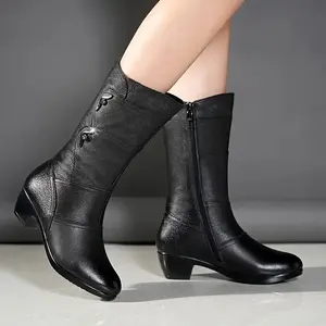 Women's Fashionable Solid Color Mid-Knee Boots, Comfortable All-Season Shoes, Flat Toe, Block Toe, Plush Lining Warm, Rubber Sole, Mid Heel, Side Zipper Closure, Suitable for Winter
