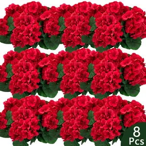 8 Bundles Red Artificial Geraniums 13.77 Inches UV Resistant Plastic Fake Flowers for Outdoor Hanging Planters Porch Window Indoor Home Decor