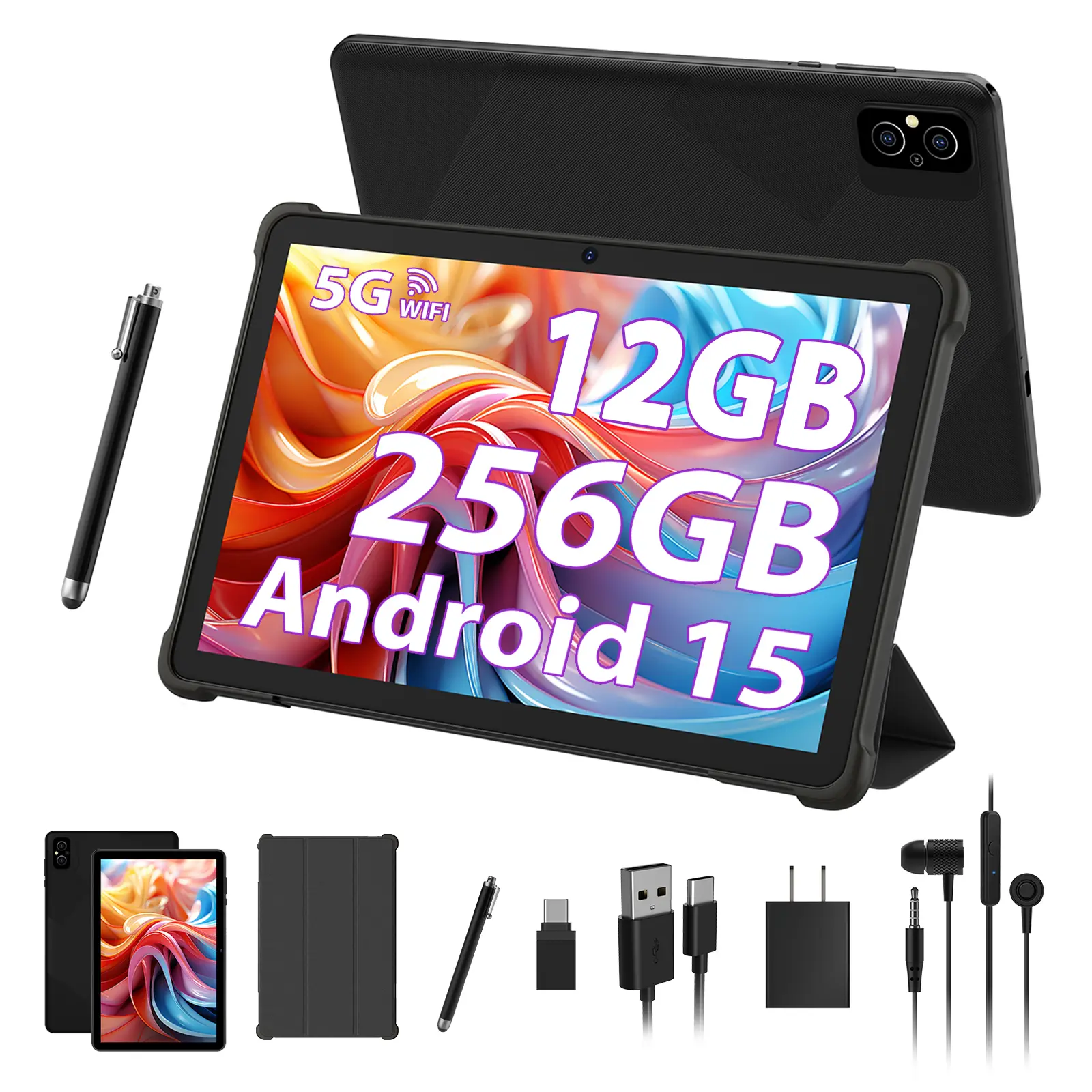 POWMUS Android 15 Tablet 128GB ROM 1TB Expandable 1280x800 IPS Screen Dual Camera 8000mAh Battery, Tablet PC