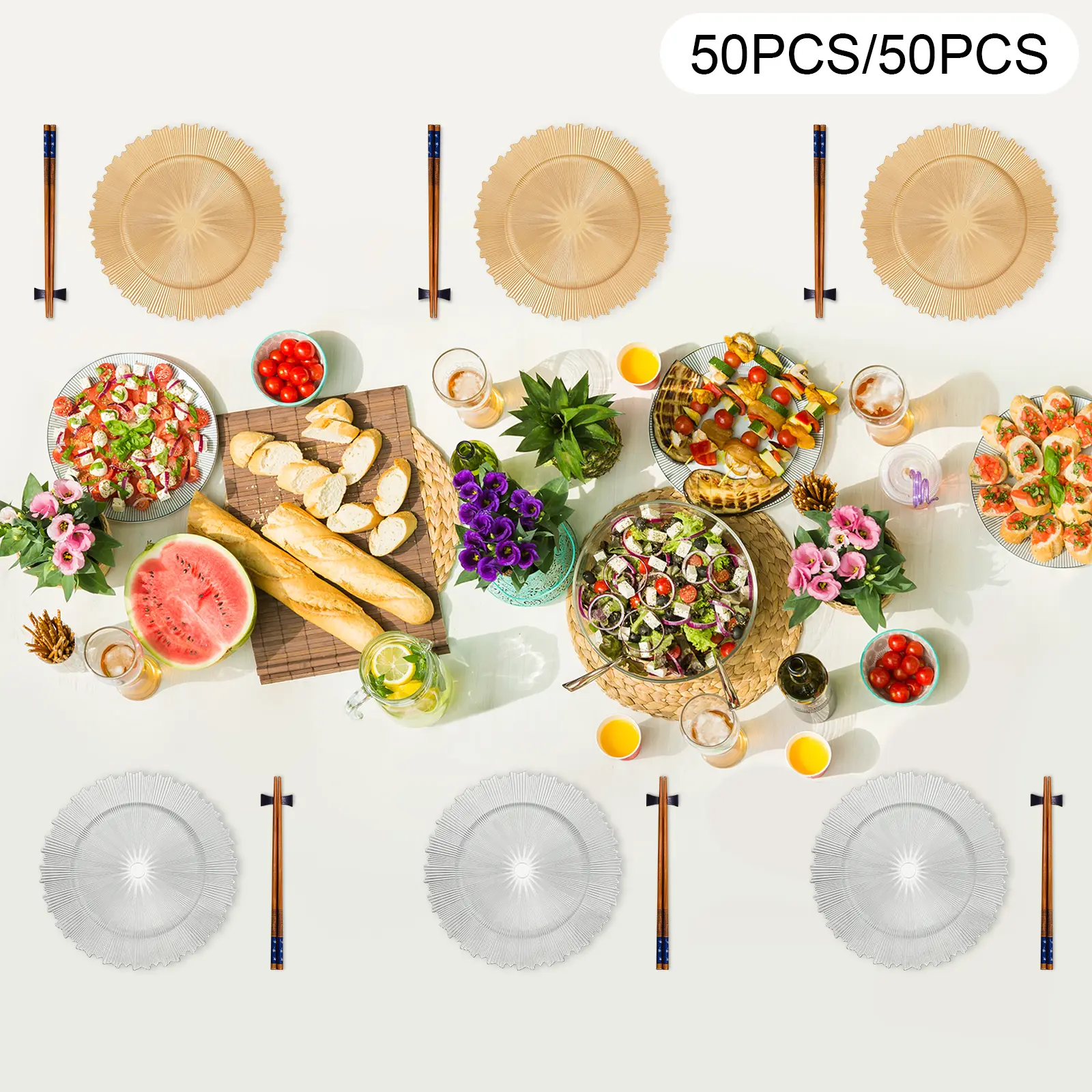 50 Pcs Golden/Sliver Antique Charger Plates Bulk 13 Inch Embossed Rim Plastic Party Dinner Plate Chargers Round Decorative Server Plate for Wedding Party Event Tableware