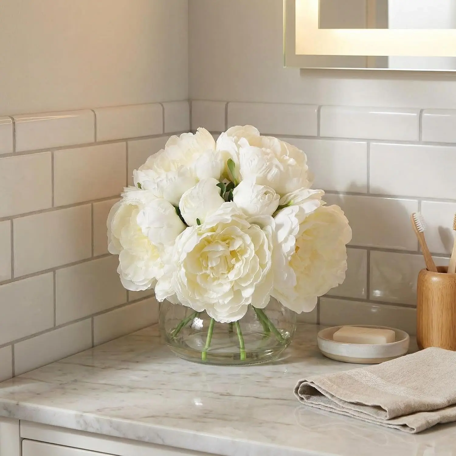 Gaomon Lifelike Artificial White Silk Peony Bouquet with Glass Vase & Faux Water, Decorative Flower-Plant Arrangement for Home Decor, Table Centerpiece, Ideal Gift for Home Supplies