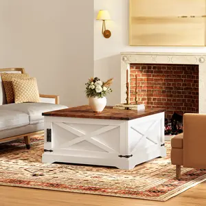 Farmhouse Lift Top Coffee Table with Charging Station, 2-in-1 Hydraulic Lift Center Table with Large Double-Door Storage Compartment, Sturdy Rustic Brown & White Coffee Table for Living Room, 50KG Tabletop Weight Capacity