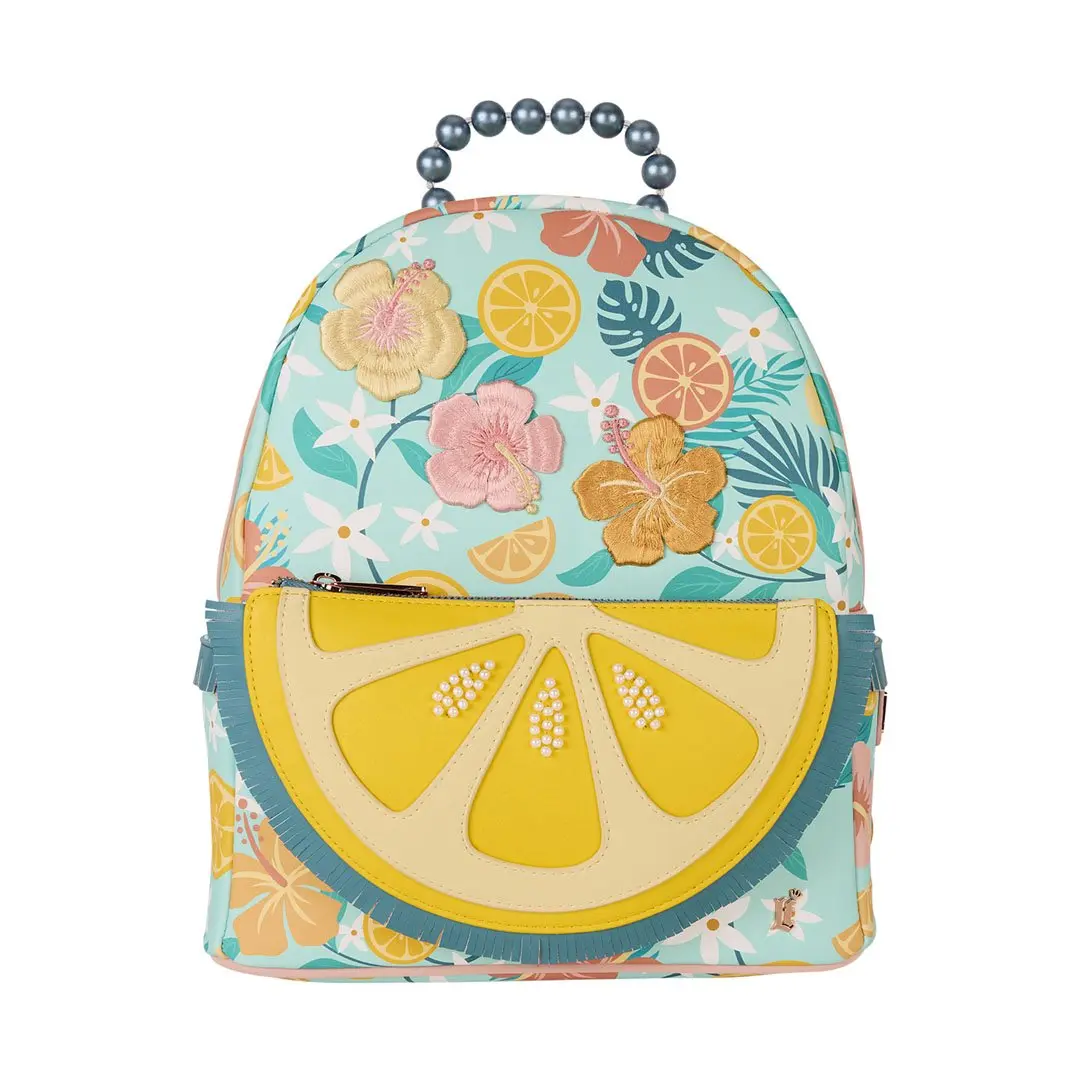 Loungefly Tropical Floral Faux Leather Mini Embroidered Backpack - 3D Embroidered Flowers, Beaded Lemon Pocket, Fringe Trim, Fringe Backpack, Beads