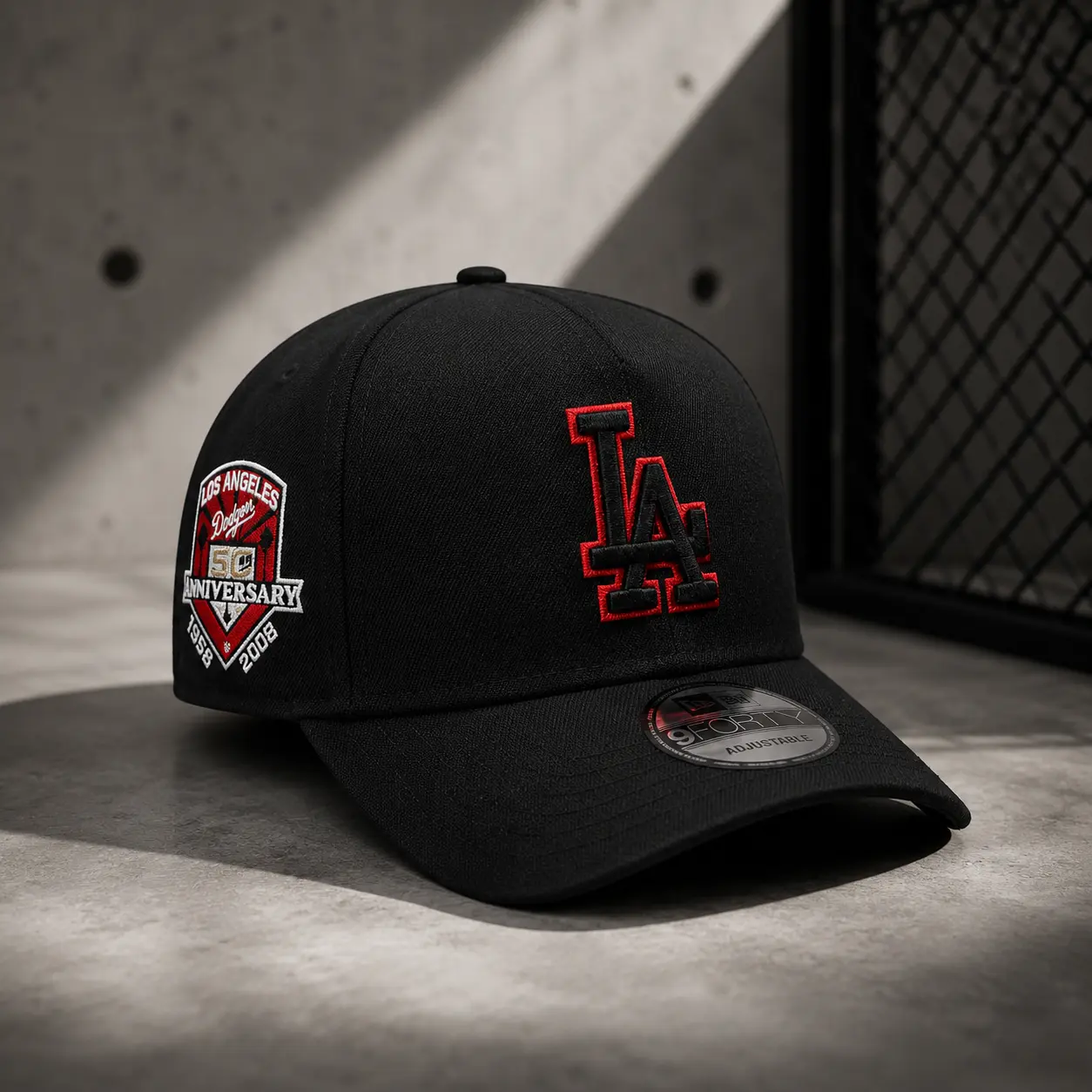 New Era Los Angeles Dodgers 9FORTY Adjustable Black-Red Baseball Cap - LA Logo, 50th Anniversary Side Patch, Curved Brim