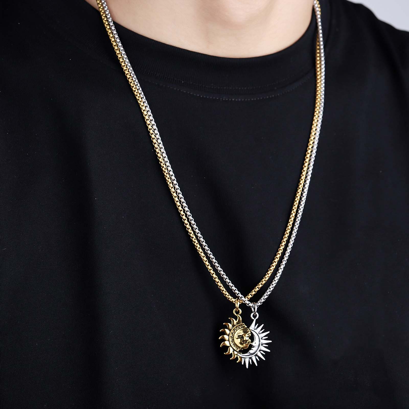 KISSFOO Sun and Moon Asymmetrical Couple Necklace Set Anniversary Accessories Gift for Him and Her