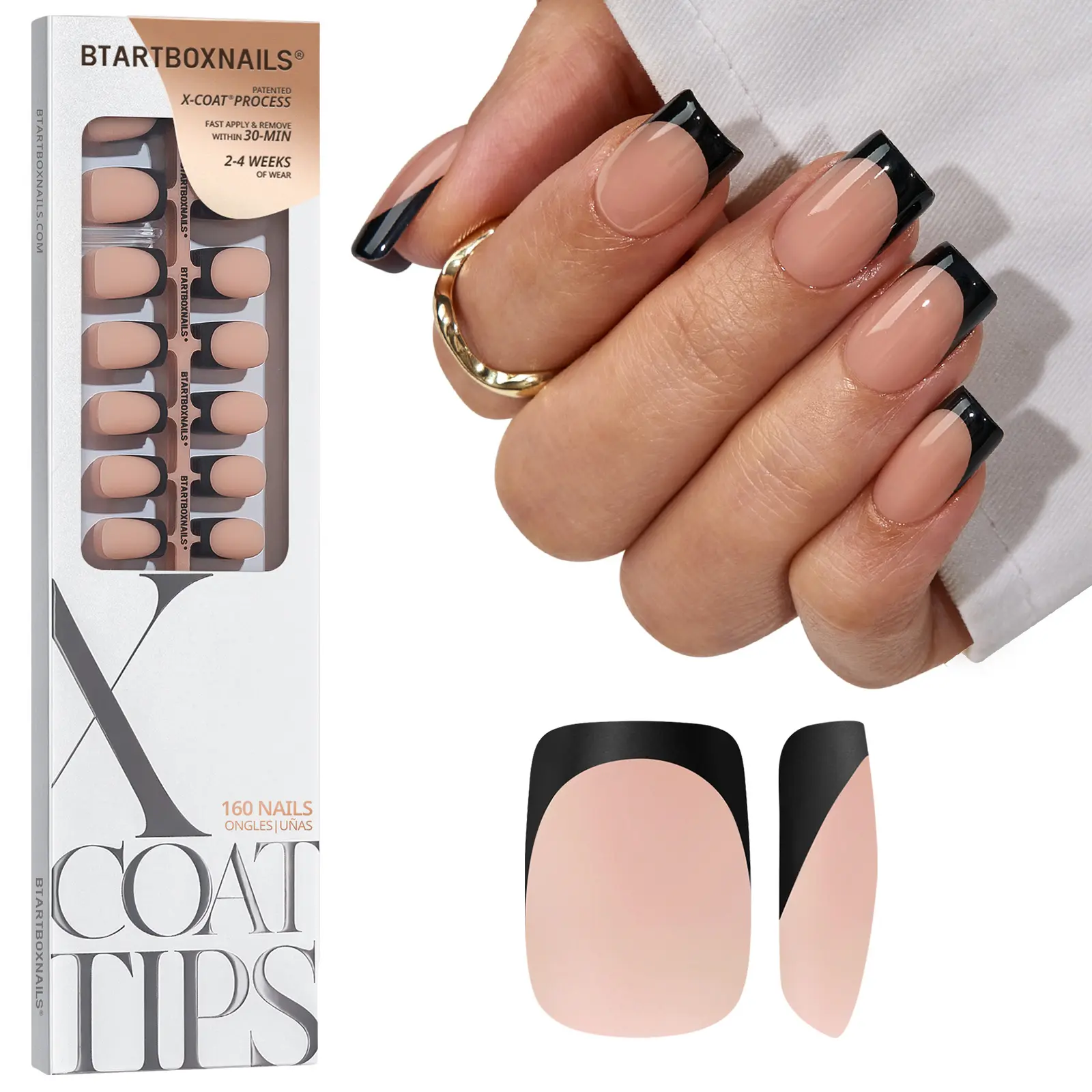 BTArtboxnails XCOATTIPS Press on Nails - 160pcs Black french Peach Square or Almond or Coffin French Tips, Soft Gel False Nail, Soak Off Acrylic Fake Nails Extensions