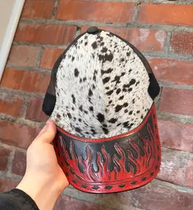 Genuine hand tooled & painted leather and cowhide trucker style hats