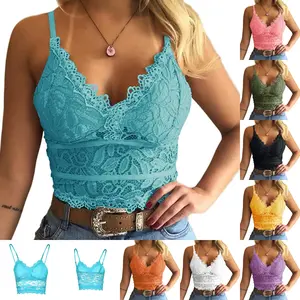 LAICIGO Women's Summer Trendy Sexy Sleeveless Tank Tops Soft Casual Lace Crochet Spaghetti Strap Cami Crop Top Camisole