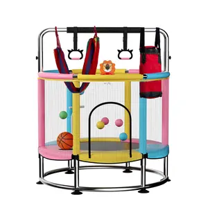 towigic 55" Trampoline for Kids,Up to 440 Ibs Mini Trampoline with Anti-Rollover Round Bottom,Indoor & Outdoor Toddler Trampoline with Safety Enclosure, Adjustable Gymnastics Bars,Basketball Hoop