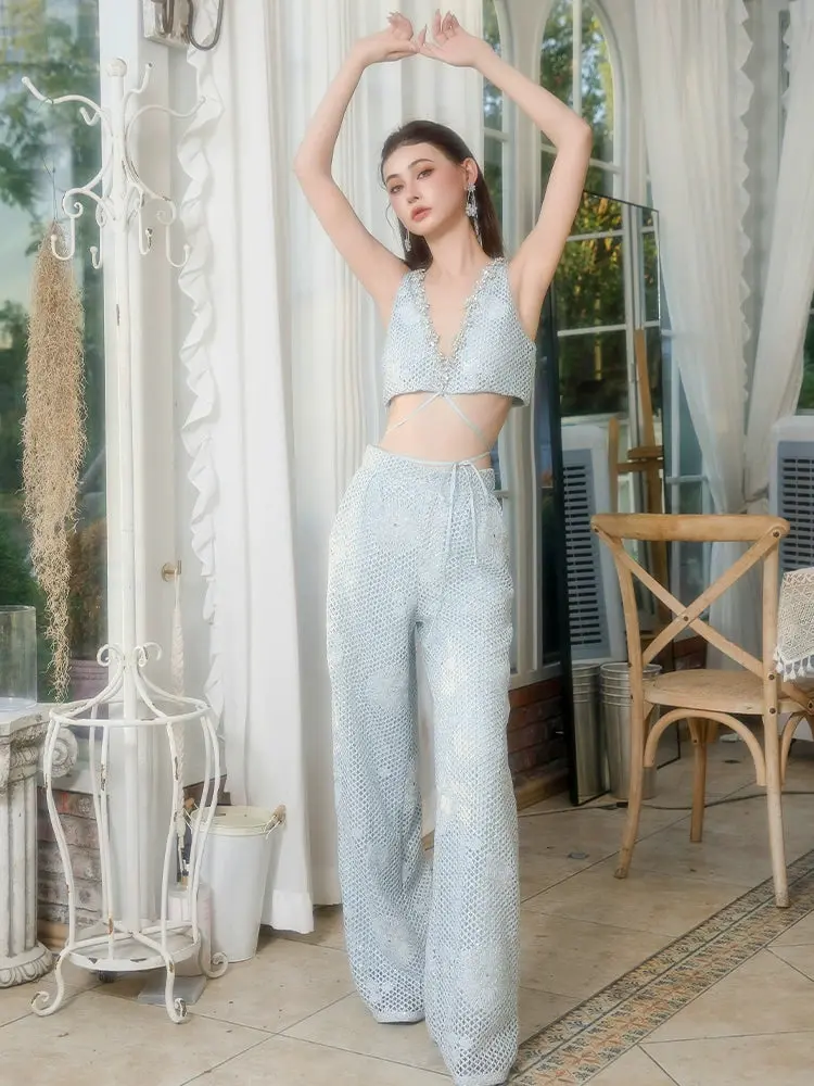 Wardrobes by Chen Elegant pastel blue V-Neck Crop Top +Trouser suit set - BAMBI