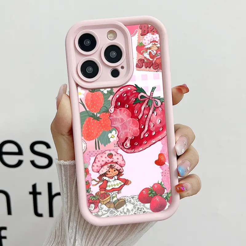 Strawberry Shortcake Pattern Soft Silicone Phone Case - Casing & Cover with Full Protection, Shockproof for iPhone 17,16,15 Pro Max,14,13,12,11,X,Plus,Air,Pink,Mini - Girly Feminine Item & Cute Girly Gift, Shock-Absorbing Edges Soften Drops, Tpu