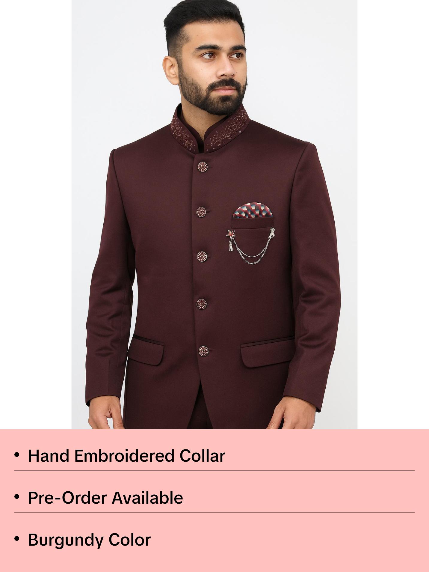 Burgundy Colored Two Piece Suit for Men with Hand Embroidered Collar