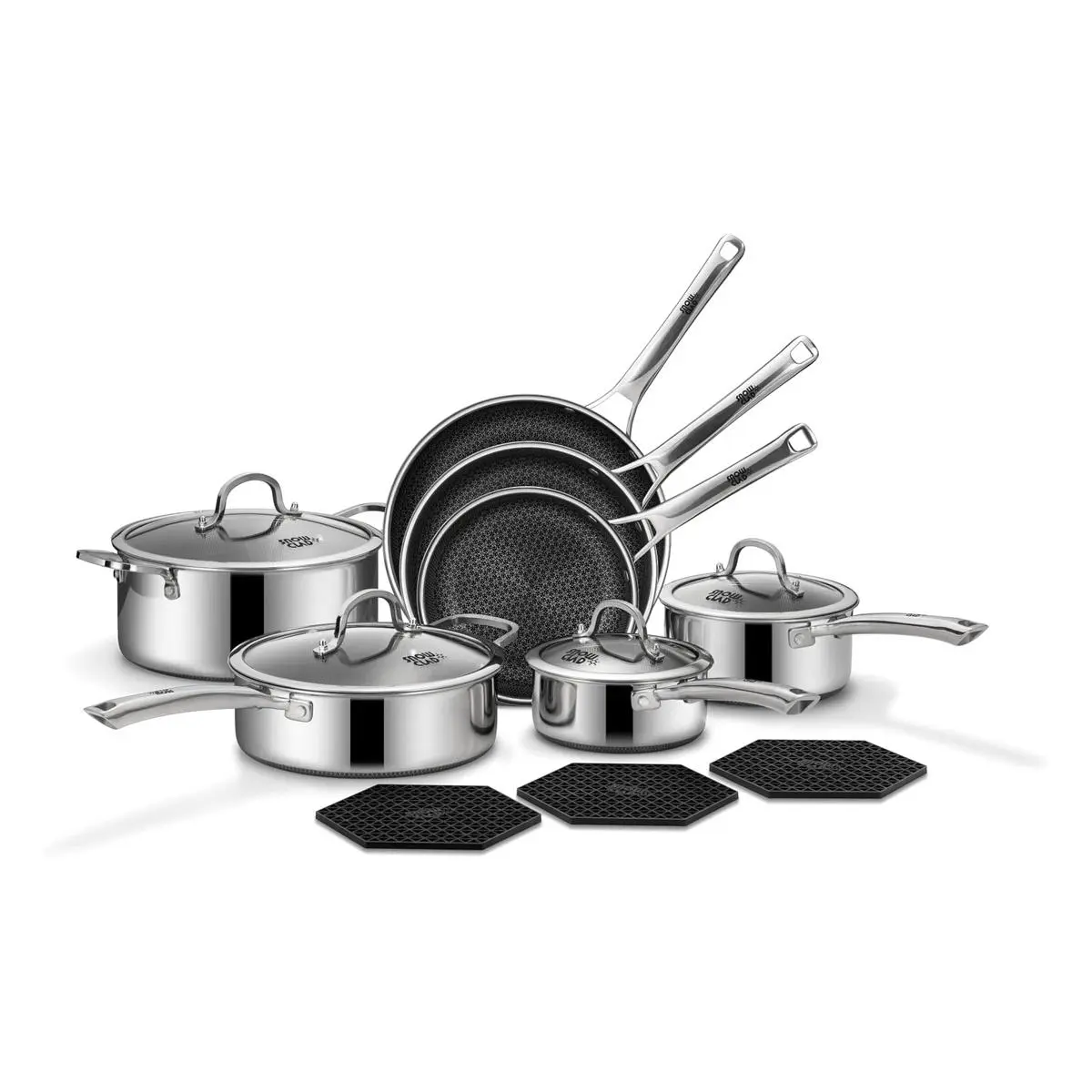 SNOWCLAD 14-Pcs Hybrid Metal-Silicone Cookware Set with Lids - Nonstick Stainless Steel Saucepan, Frying Pots and Pans, Dishwasher Safe, Induction Ready, Non-Toxic, PFOA Free, Oven Safe #SummerWins, Pots And Pans Set