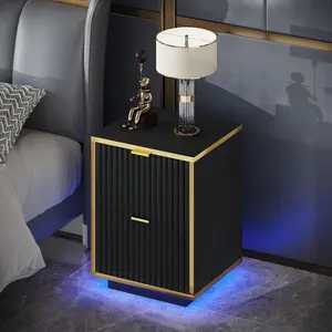 HOMBCK Nightstand, Modern Bedside Table with LED Lights, End Table for Bedroom Living Room