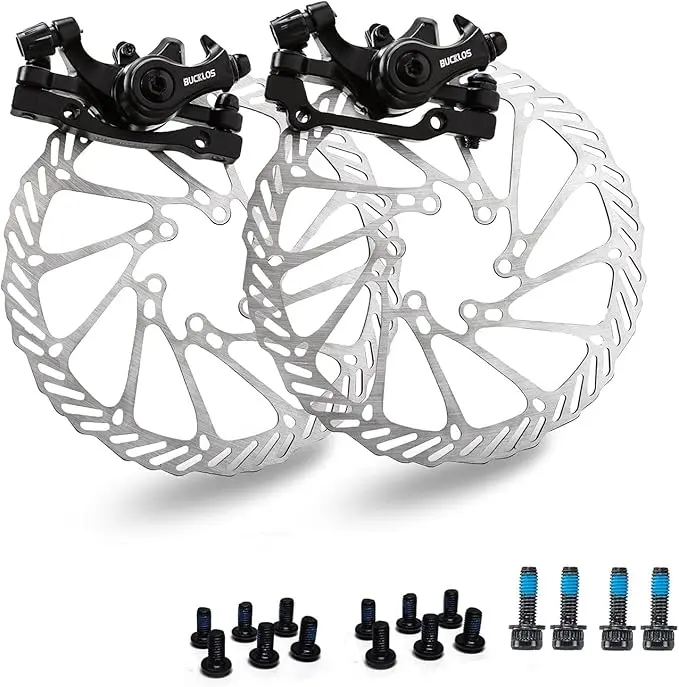 BUCKLOS Mechanical Disc Brake Kit, Front & Rear Aluminum Alloy Line-Pull Calipers with Semi-Metallic Pads and 160mm Rotors, Universal Adapter for Mountain Biking, City & Folding Bikes, Complete Kit: Calipers, Rotors, Pads, Folding Compatible, Mountain Bik