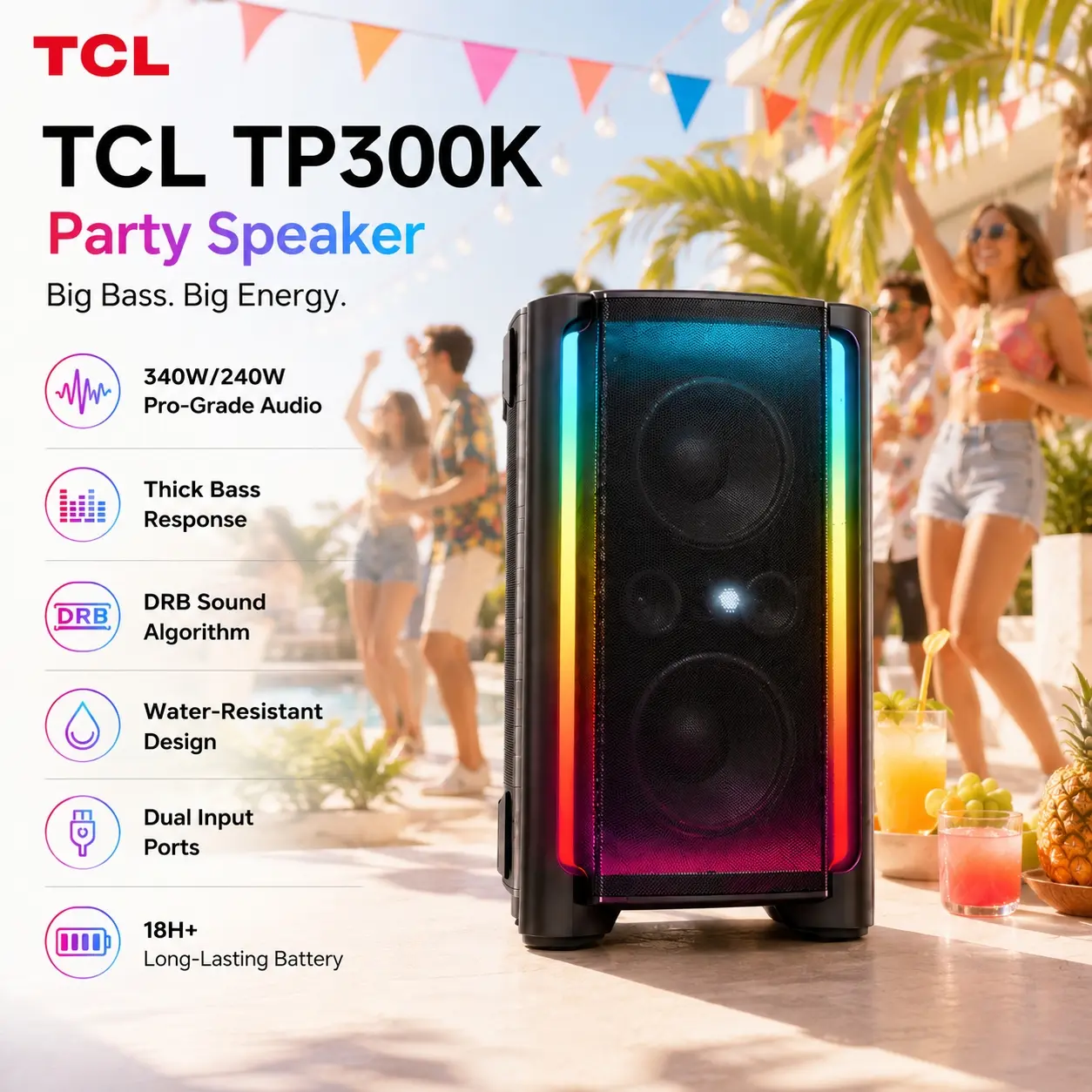 TCL TP300K & TP200K  Portable Bluetooth Party Speaker with 8 RGB Dynamic Light Shows, 18 Hr Battery, and IPX4 Splash-Proof Rating tiktokshopbacktoschool