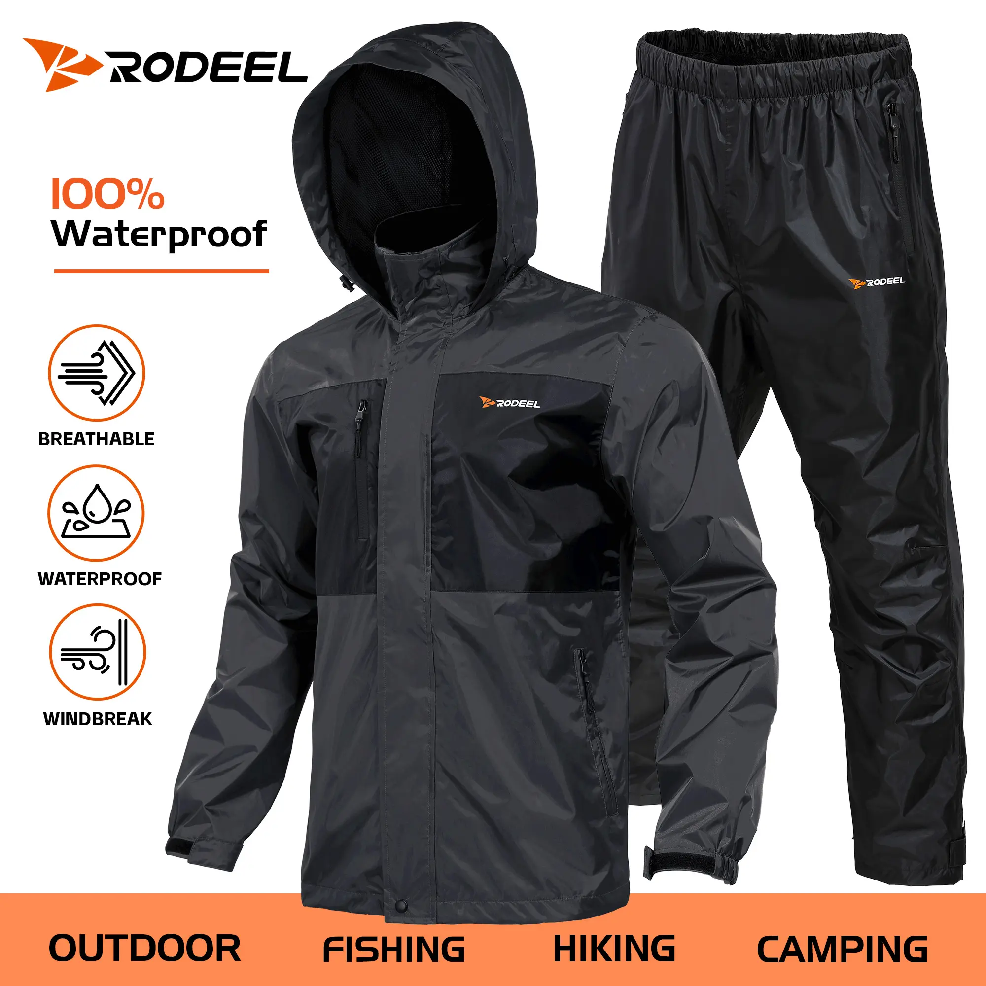 RODEEL 702 Men’s Waterproof Jacket and Pants Set, Lightweight Breathable Rain Suit, Full Zip Adjustable Hooded Raincoat, Durable Weatherproof Windbreaker Workwear for Fishing, Boating, Construction, Roofing, Landscaping, Tree Service