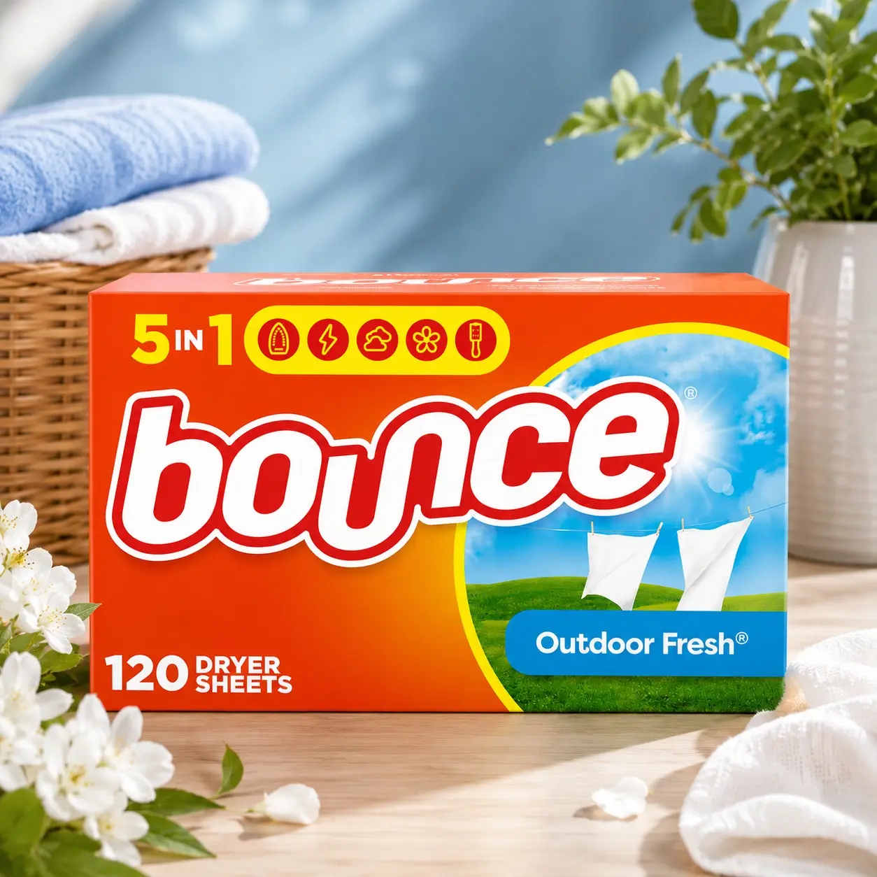 Bounce Dryer Sheets Fabric Softener, Outdoor Fresh Scent, 120 Count, Anti-Static Laundry Sheets, Wrinkle & Lint Reduction