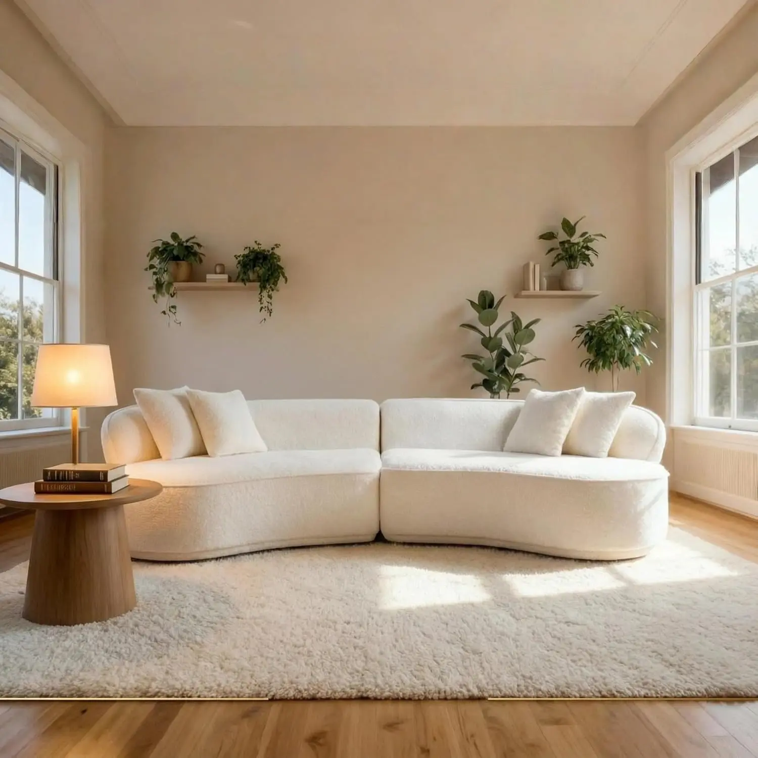 Modern Curved Boneless Sectional Sofa, Cream Boucle Upholstered Cloud Modular Couch, 114" L x 36.6" W x 27.9" H, No-Assembly Contemporary Living Room Furniture