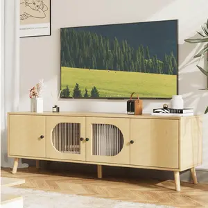 【Springtok】VOWNER TV Stand for 55/60/65 inches TV, Wood Media TV Cabinet with Glass Doors, Entertainment Center with Storage for Living Room, Bedroom, Oak