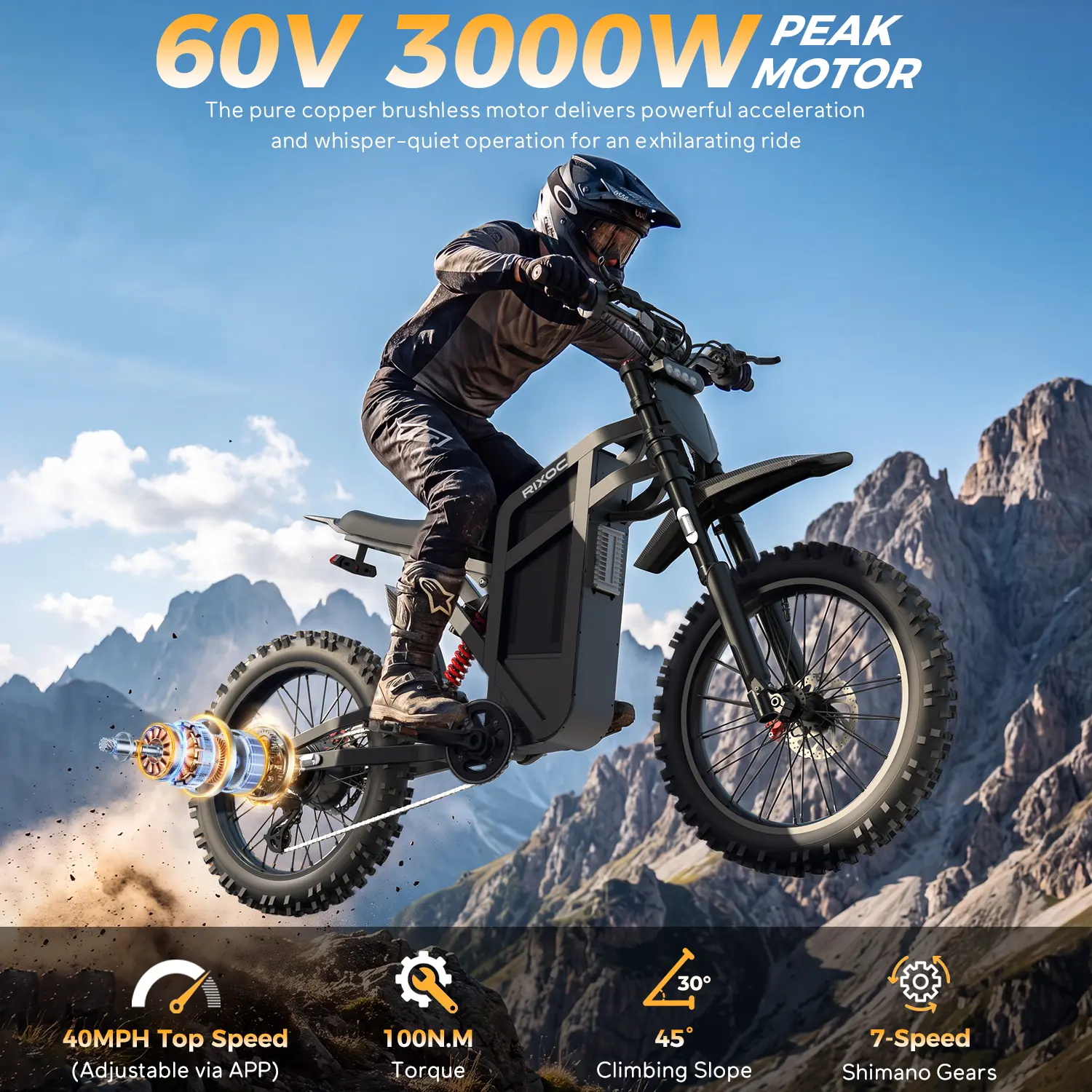 [GT60] Electric Dirt Bike for Adults, 3000W Powerful Motor, 60V 35Ah Long Range Battery, 40MPH High Speed Off-Road Electric Motorcycle, Full Suspension, 4-Piston Hydraulic Brakes, Smart Digital Display