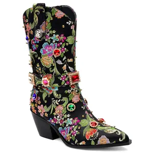 LOCERICH Womens Floral Embroidered Western Cowboy Boots Crystal Rhinestone Studded Pointed Toe Chunky Heel Mid Calf Country Concert Festival Outfit