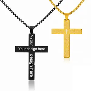 Gold Cross Necklace for Men Lord’s Prayer Pendant with Cuban aLink Chain Stainless Steel Christian Jewelry