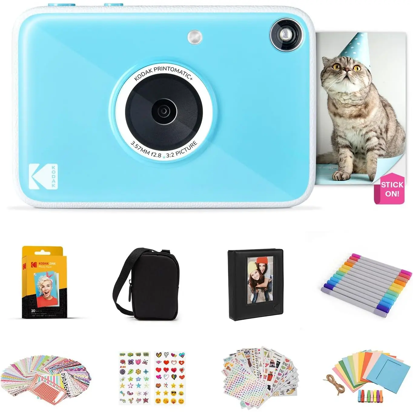 KODAK Printomatic+ Portable Full Color Instant Print Digital Camera Gift Bundle with 10MP Sensor, Built-in Li-Ion Battery, Case, 2x3" Zink Sticky Back Picture Paper (20pk), Album, Sticker Sets, Sticker Frames, Hanging Frames, Markers, Colorful, Cute, Part