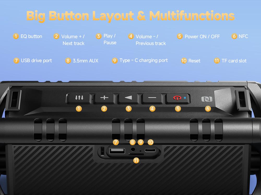 W-KING 60W Peak D8 Mini Portable Bluetooth Speaker, IPX6 Waterproof, 30W Wireless, 24-Hour Playtime, Powerful Bass, NFC, TF Card, USB Playback, Built-in Mic, AUX-IN, for Home, Outdoor Adjustable Subwoofer